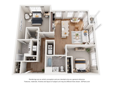 Floor plan for 2 beds, 2 baths, 1141 sqft